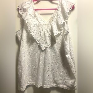 ANN TAYLOR LOFT DOUBLE V WHITE EYELET RUFFLE SLEEVELESS TOP